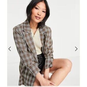Urban Threads Womens Plaid Blazer Jacket Brown/White S